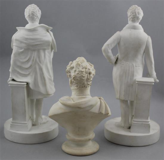 Two Minton biscuit bone china portrait figures and a similar bust, c.1832-40, 18.8cm